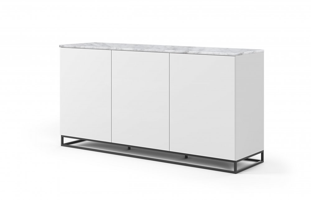 Buffet WHITY blanc mat 180cm 3 portes Plateau Marbre blanc 